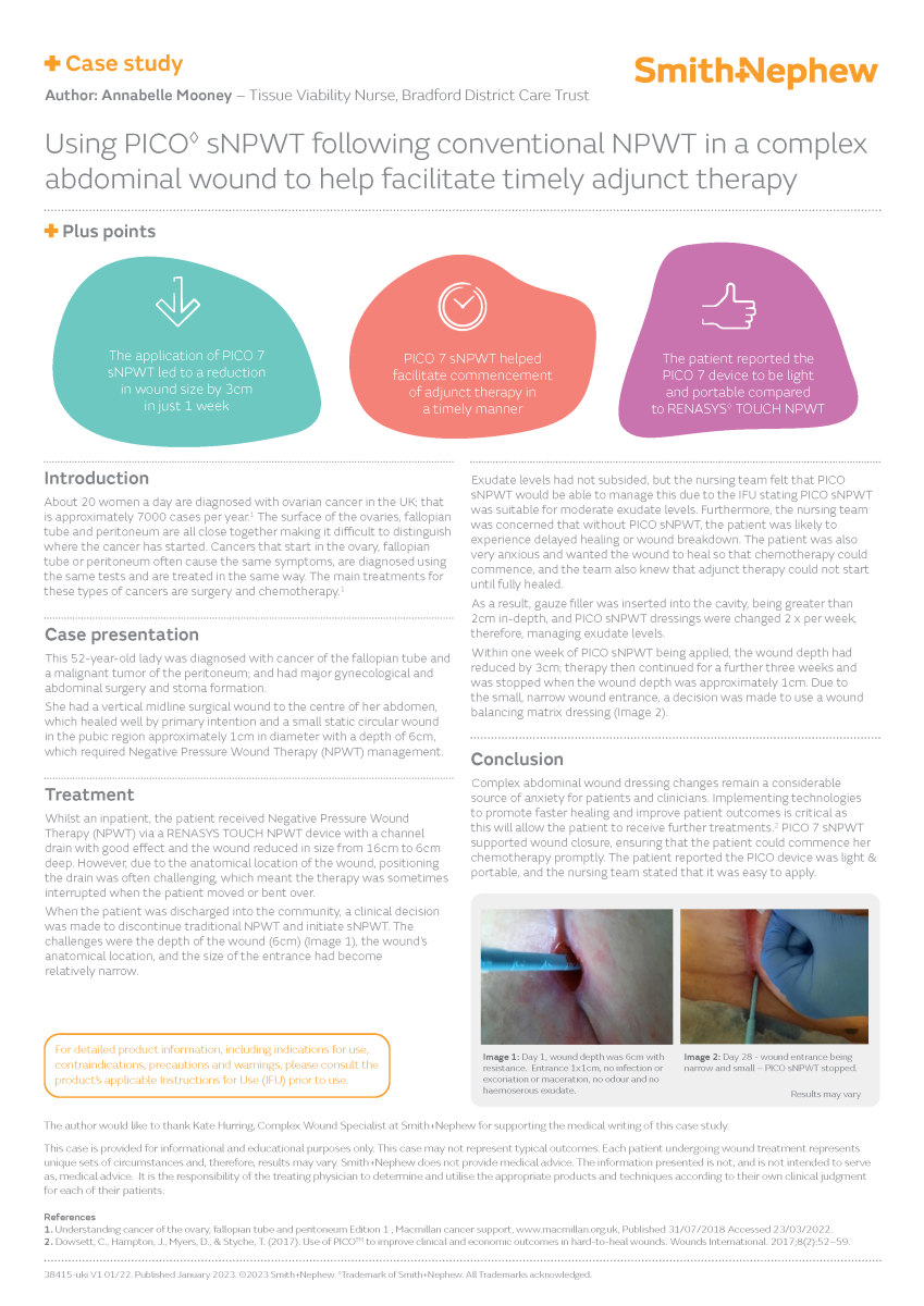 Using PICO's NPWT following conventional NPWT in a complex abdominal wound to help facilitate timely adjunct therapy