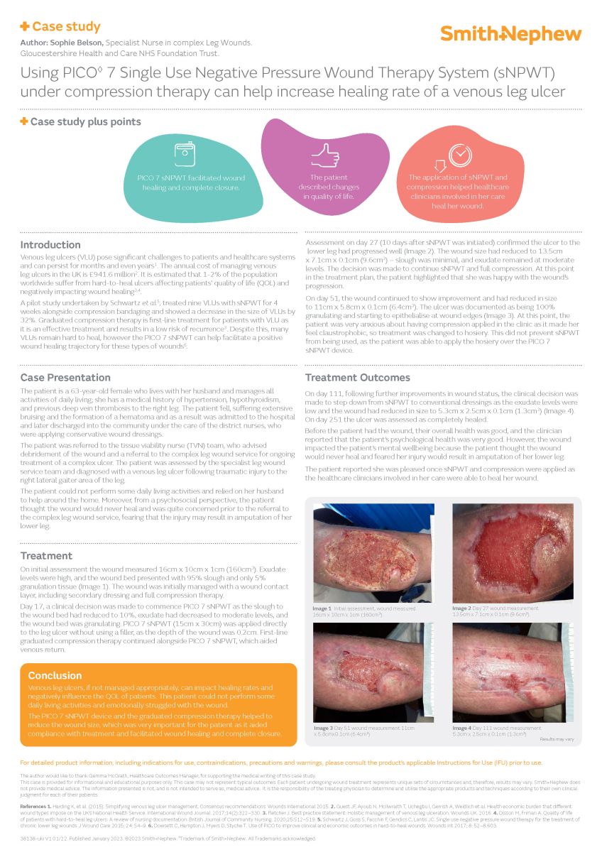 Using PICO◊ 7 Single Use Negative Pressure Wound Therapy System (sNPWT) under compression therapy can help increase healing rate of a venous leg ulcer