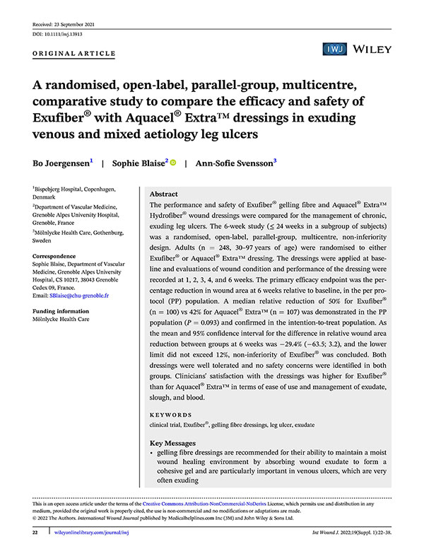 Cover image for: A randomised, open-label, parallel-group, multicentre, comparative study to compare the efficacy and safety of Exufiber® with Aquacel® Extra™ dressings in exuding venous and mixed aetiology leg ulcers